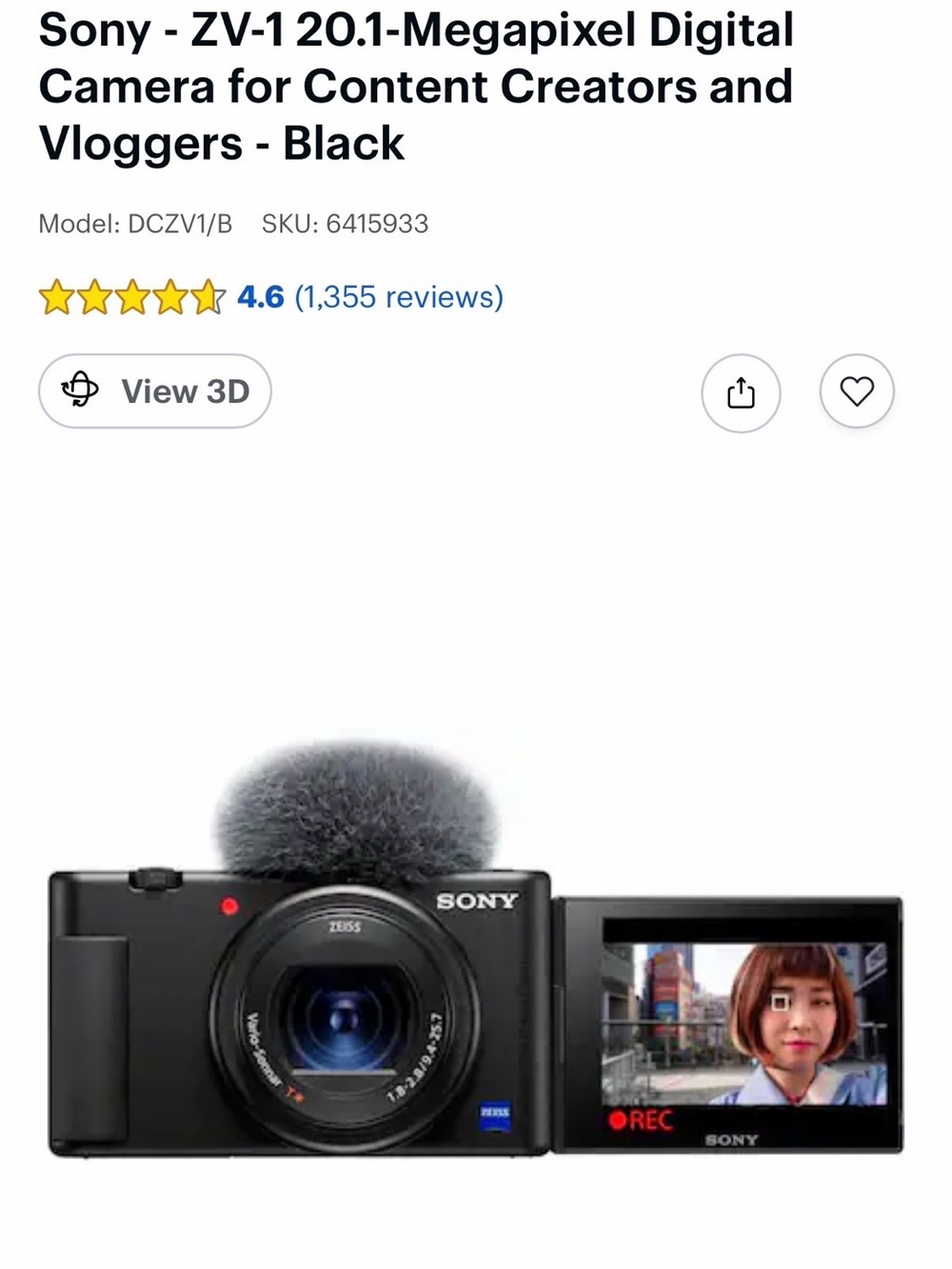 Sony ZV-1 Compact Vlogging Camera in Black with Flip Screen